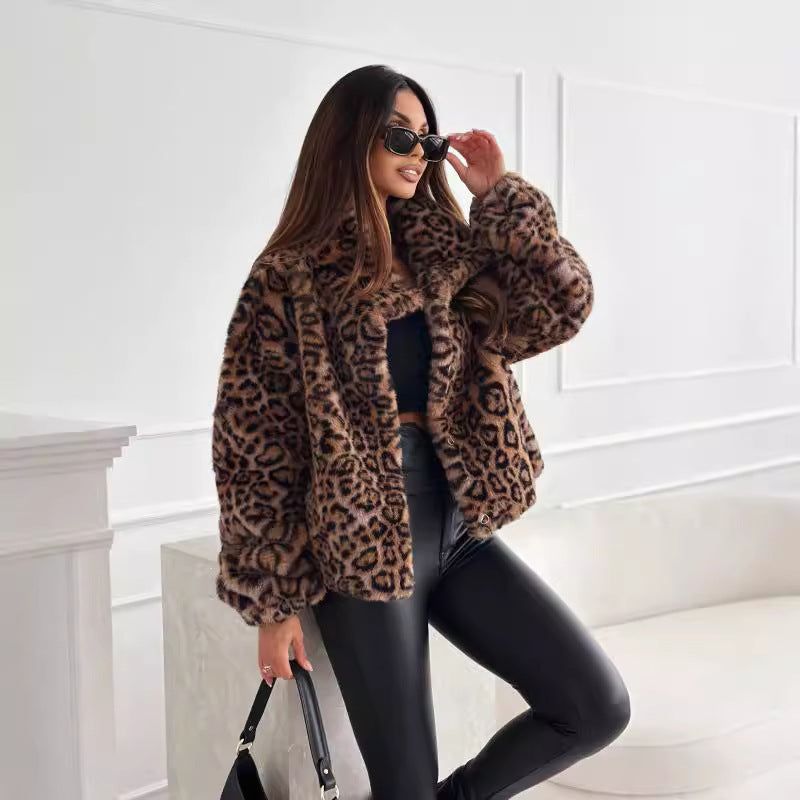 Winter Chic Leopard Print Fur Lapel Short Coat