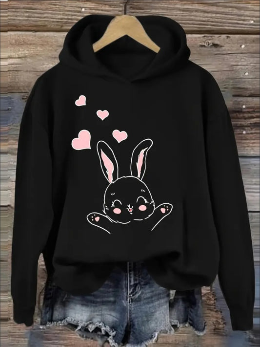 Bunny Graphic Hoodie - Cozy Black Pullover for Women