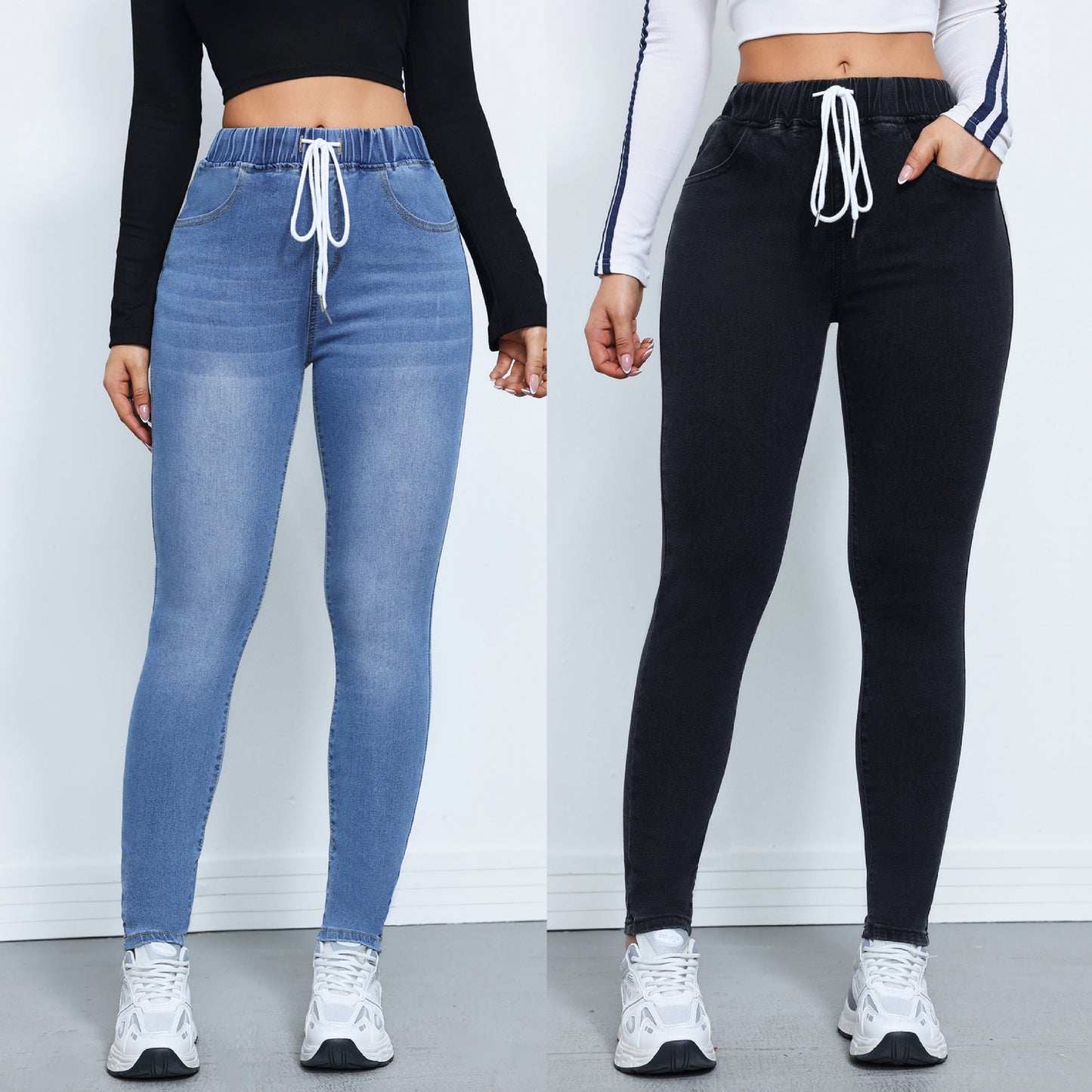 Women's High-Waisted Denim Trousers with Elastic Drawstring and Cuffed Ankles