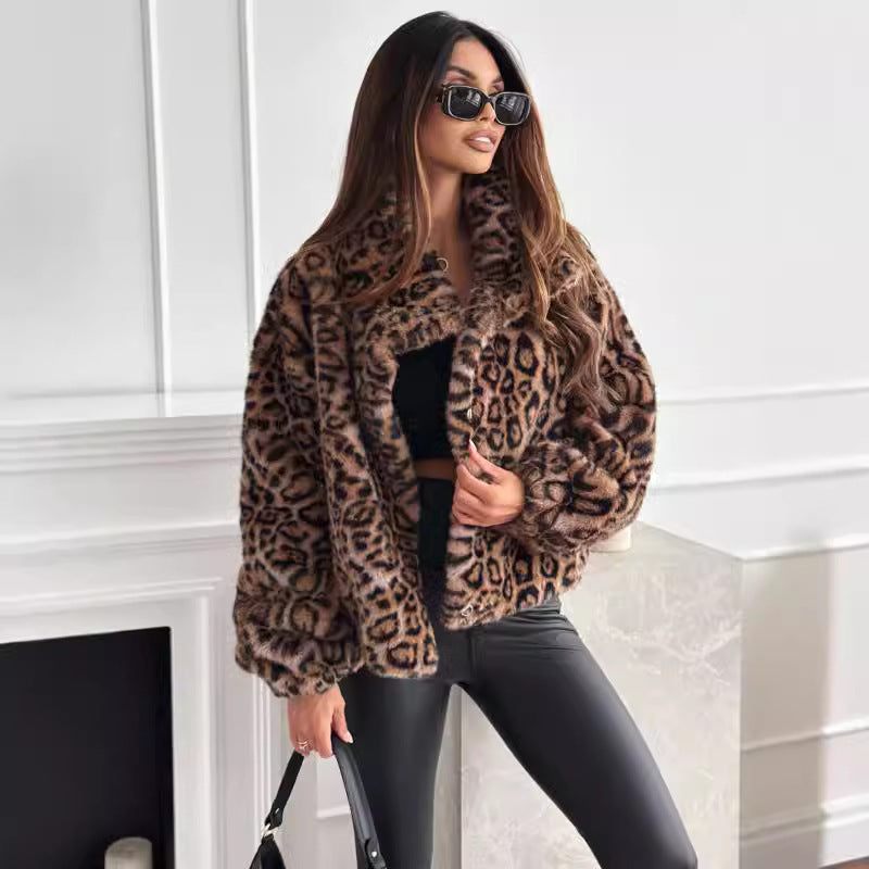 Winter Chic Leopard Print Fur Lapel Short Coat