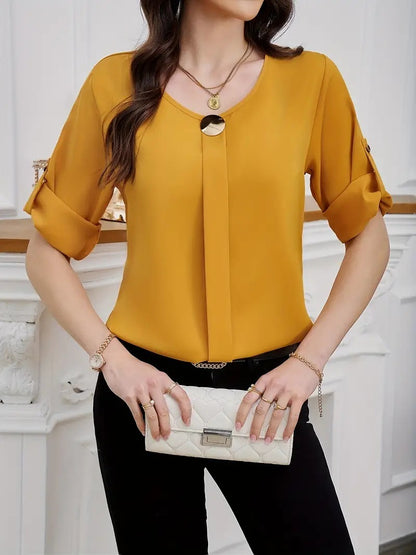 Business Casual All-Match Round Neck Rolled Sleeve Top