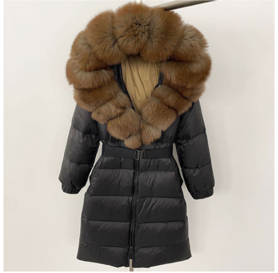 Women's Long Hoodie Coat with Cinched Waist and Real Fox Fur Collar