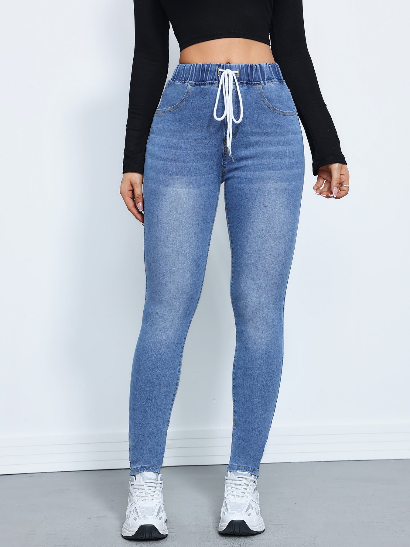 Women's High-Waisted Denim Trousers with Elastic Drawstring and Cuffed Ankles