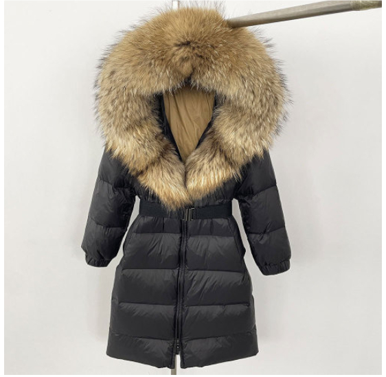 Women's Long Hoodie Coat with Cinched Waist and Real Fox Fur Collar