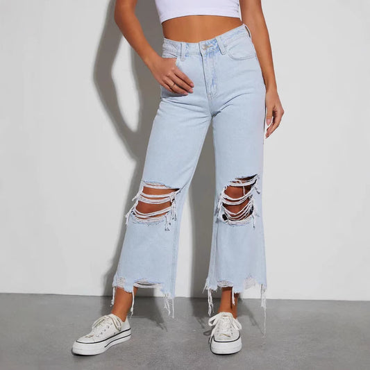 Women's Relaxed Fit Mid-Waist Ripped Cropped Jeans