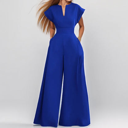 Women's Elegant Solid Color V-Neck Sleeveless Wide-Leg Jumpsuit with Waist Cinch