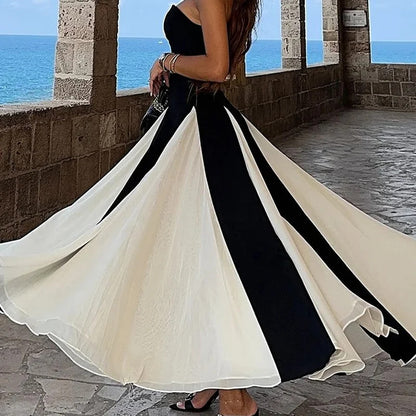 Summer Tube Top Dress with Color Contrast Patchwork – Elegant Pure Desire Style