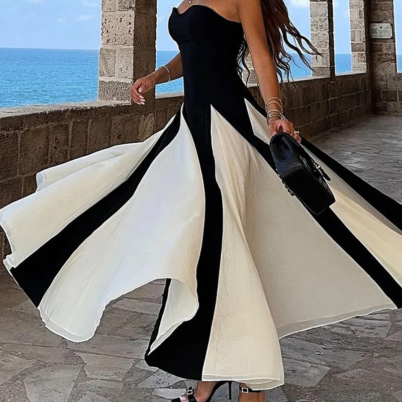 Summer Tube Top Dress with Color Contrast Patchwork – Elegant Pure Desire Style