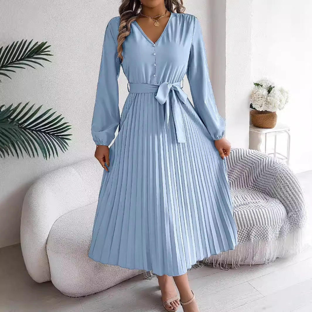 Elegant V-Neck Buttoned Lace-Up Maxi Dress with Pleated Large Hem