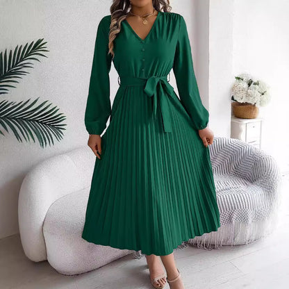 Elegant V-Neck Buttoned Lace-Up Maxi Dress with Pleated Large Hem