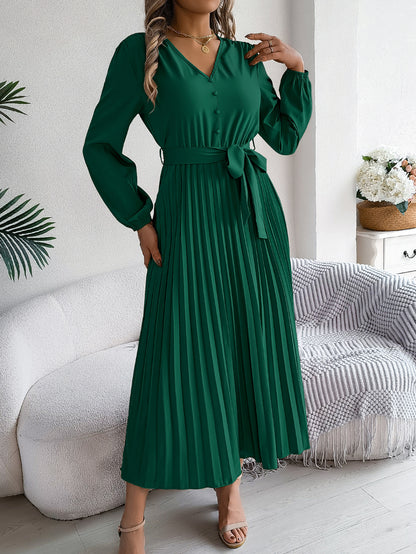 Elegant V-Neck Buttoned Lace-Up Maxi Dress with Pleated Large Hem