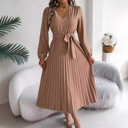 Elegant V-Neck Buttoned Lace-Up Maxi Dress with Pleated Large Hem