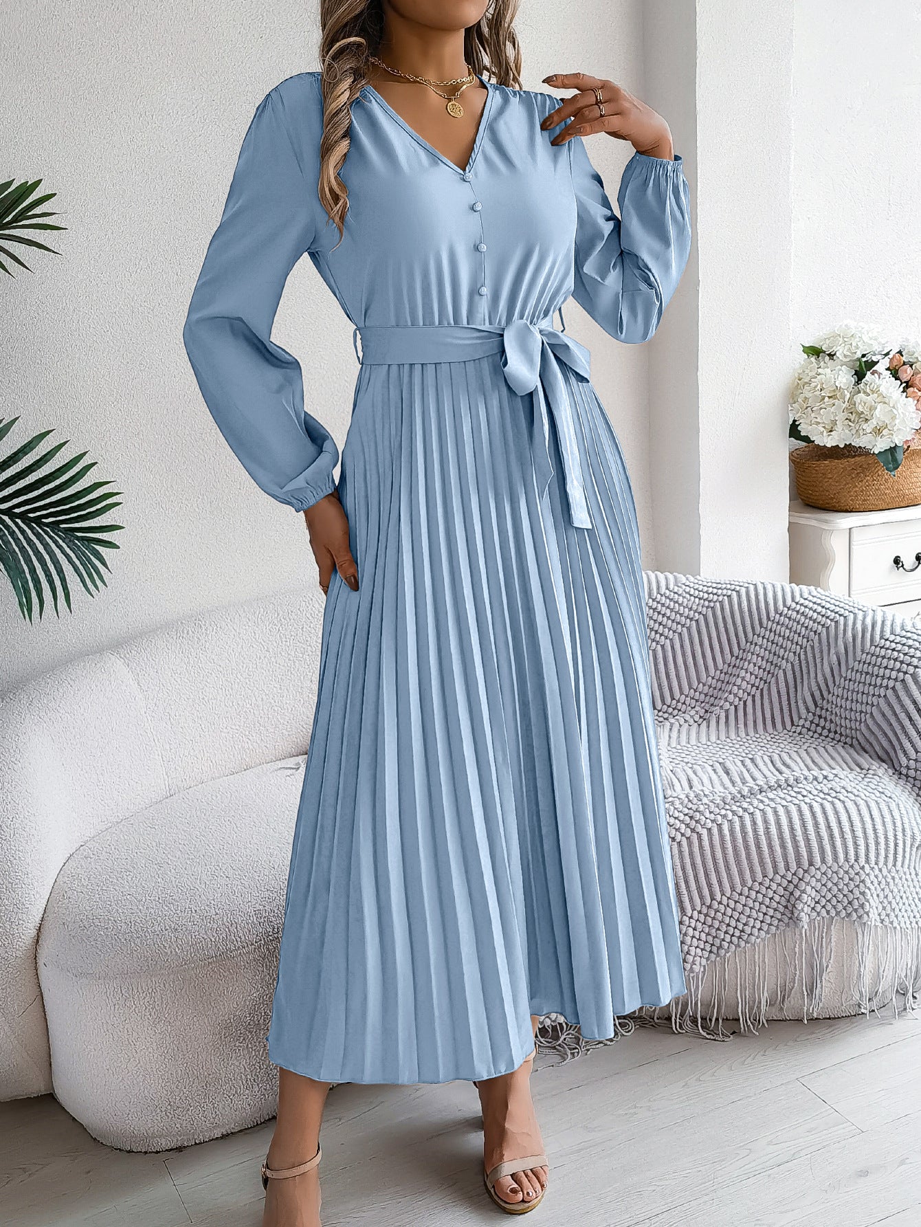 Elegant V-Neck Buttoned Lace-Up Maxi Dress with Pleated Large Hem