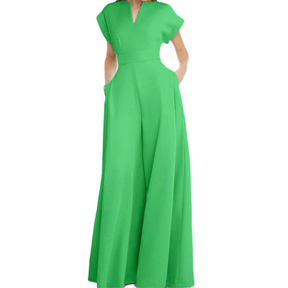 Women's Elegant Solid Color V-Neck Sleeveless Wide-Leg Jumpsuit with Waist Cinch