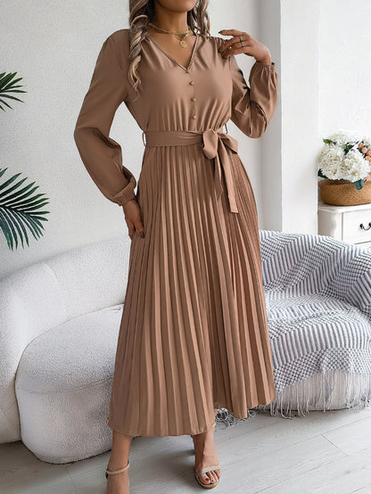 Elegant V-Neck Buttoned Lace-Up Maxi Dress with Pleated Large Hem