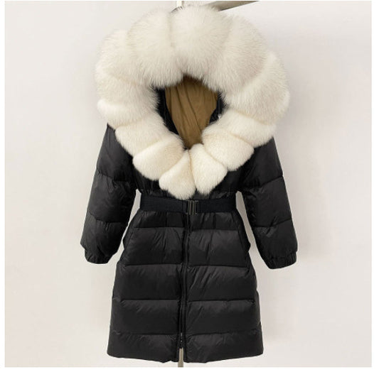 Women's Long Hoodie Coat with Cinched Waist and Real Fox Fur Collar