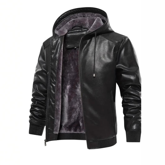 Men's Winter Fleece-Lined Casual Hooded Leather Coat