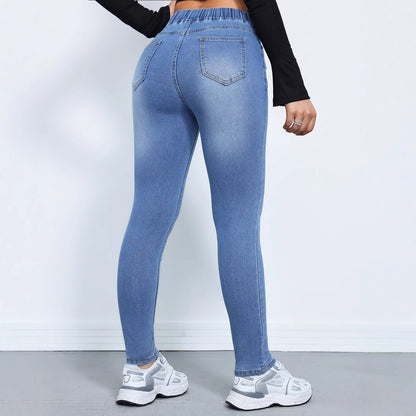 Women's High-Waisted Denim Trousers with Elastic Drawstring and Cuffed Ankles