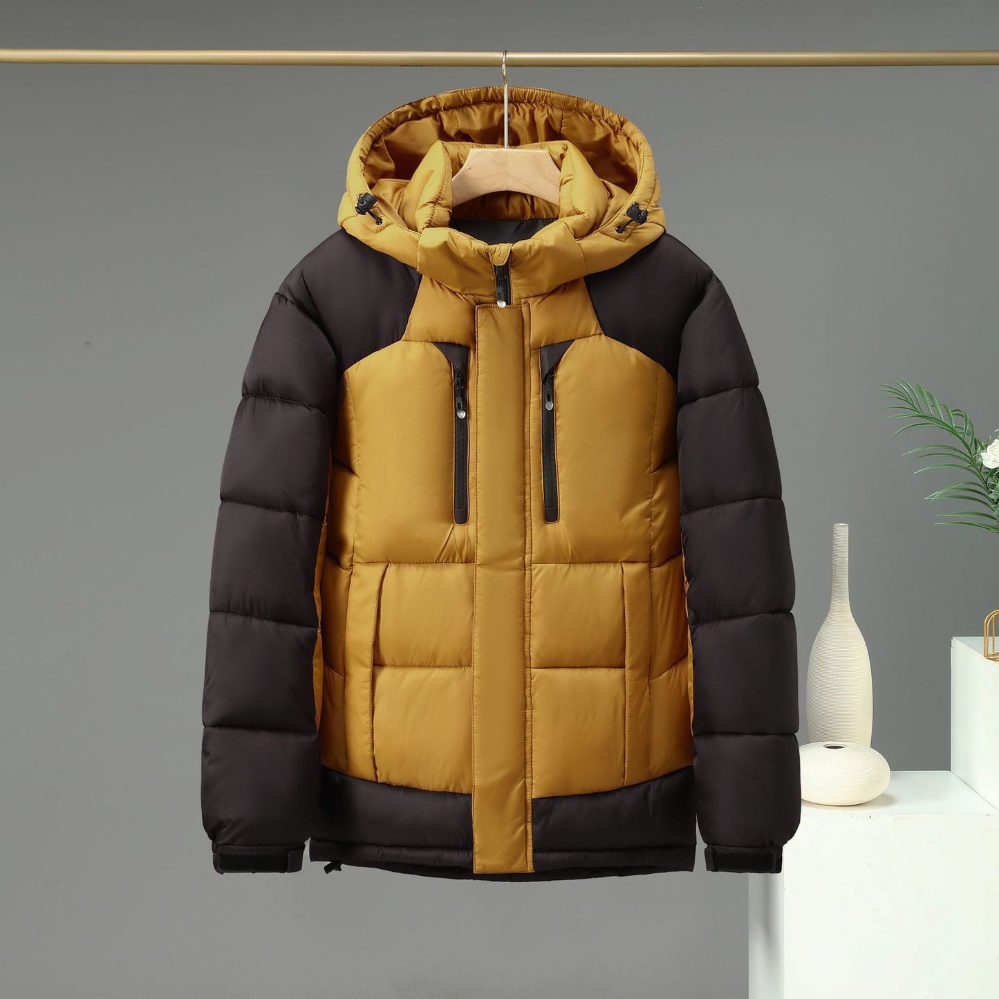 Color Block Detachable Hooded Winter Jacket