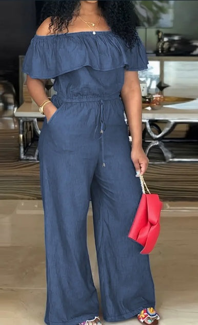 Elegant Off-Shoulder Tie-Waist Jumpsuit with Ruffle Trim and Wide-Leg Design for Women