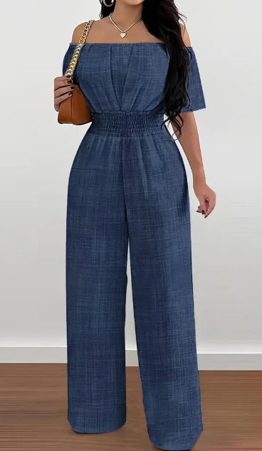 Elegant Off-Shoulder Short Sleeve Waist Cinch Jumpsuit - Solid Color