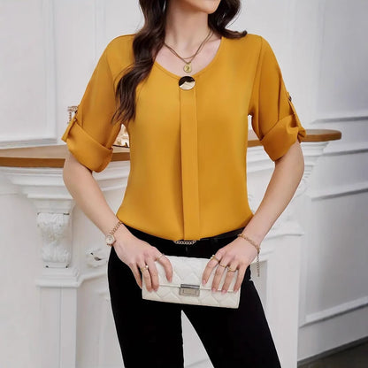 Business Casual All-Match Round Neck Rolled Sleeve Top