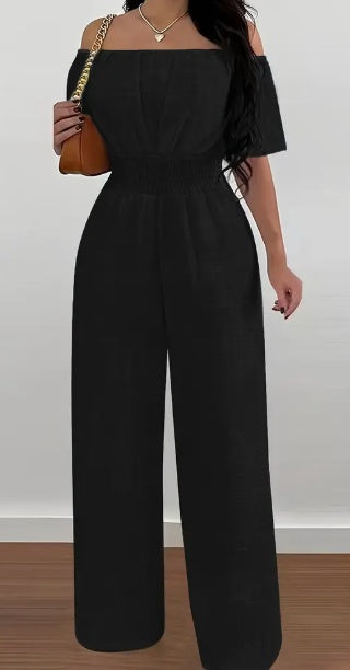 Elegant Off-Shoulder Short Sleeve Waist Cinch Jumpsuit - Solid Color